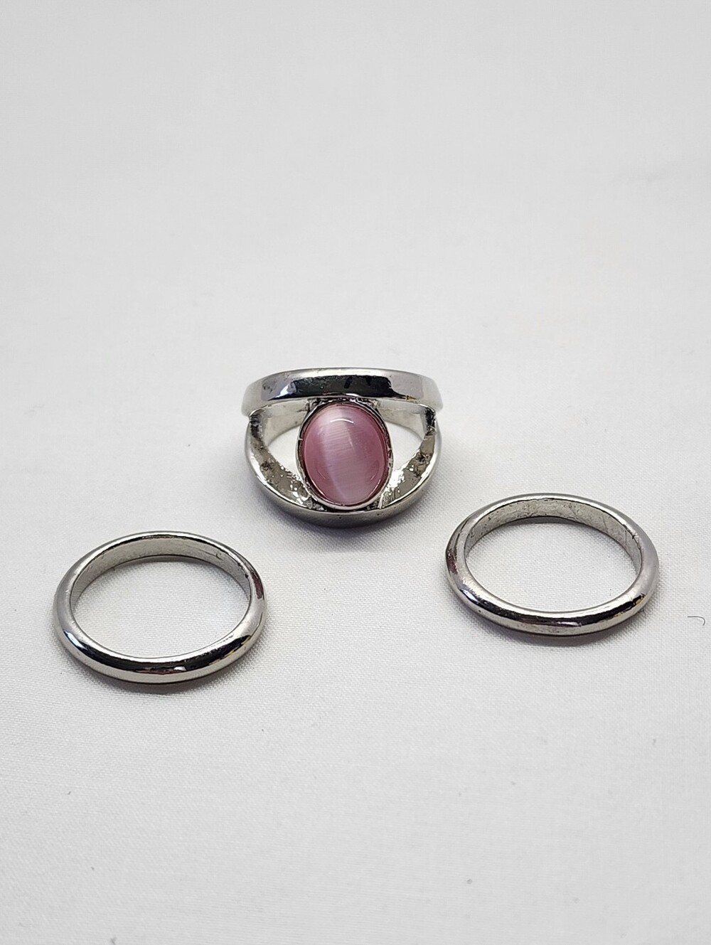 3pc Stackable pink Cat's Eye cabochon statement Ring Set, Size 7